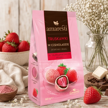 Truskawki w czekoladzie deserowej i białej w truskawkowym pyłku 80g